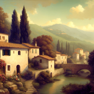 pintura de um rio que atravessa uma cidade com uma ponte, pintura digital renascentista, pintura digital bonita, beautiful oil matte painting, lindo pintura digital, pintura digital barroca, pintura digital elegante, digital landscape art, estilo de pintura digital, inspirado em Guido Borelli da Caluso, vila pitoresca, pintura digital impressionante, pintura digital fosca, scenery artwork, bela arte digital