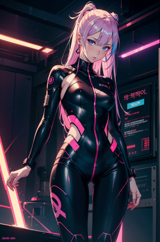 closeup, 1 girl, alone, [dark blue and pink hair: blue and pink hair:0.2], cyberpunk, high tech, V, mechanical parts, looking at audience, black eyes, long hair, luminous laser female super tech jumpsuit, cyberpunk mechanical body parts, with tattoos, interior, luminous laser earrings. high contrast, night, black, [freckles:0.9], reflective transparent rainbow, long hair, breasts, white skin most beautiful Korean woman's face, seductive expression, (relaxed pose: 1.5), eva, complex background, Sony a6300, extremely beautiful and gorgeous anime illustration, with cinematic perspective?(relaxed pose: 1. 5), eva, complex background, Sony a6300, extremely beautiful and gorgeous anime illustration with a cinematic perspective.