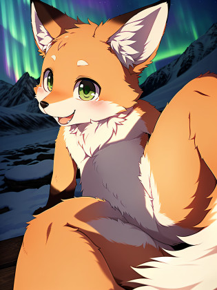 e621, by Dagasi, by healing pit, solo female (fox, furry, thighs, green eyes, cute, big eyes, fluffy ears, fur, detailed fur, fluffy chest, bust fuzz, fluffy ears, fluffy tail, (full body: 1.6), fox claws, paws, soft fur, 1 tail, big tail, fox, quadruple), detail lighting, shadow, movie lightning, (realistic proportions, wild proportions, animal proportions), wild, human genitalia, NSFW,  shadow, masterpiece, detailed ambient light, detailed background, backlight, dusk rays, fur light reflection, (alaska, in alaska, northern lights, winter, cold), lying, playful, masterpiece, natural light, smug, face close to viewer, pastel color, illustration, high quality, happy, open mouth and look up into perspective, perspective from small, curved thighs, huge thighs