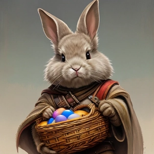 a highly detailed portrait of a walking cute bunny male with eggs, a warrior protecting basket with colored eggs, full of blood, full fluffy, fur, eggs, rugged, ww2 uniform, red eyes, red blood stains on the fur
