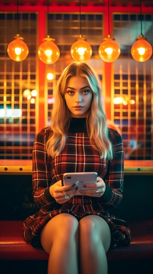 Kodak Portra 400, 8k, a pretty lady sitting holding a tablet wearing an elegant plaid dress, outdoor, night time, volumetric lighting, real life, highly detailed, photography, low contrast --ar 9:16 --s 750