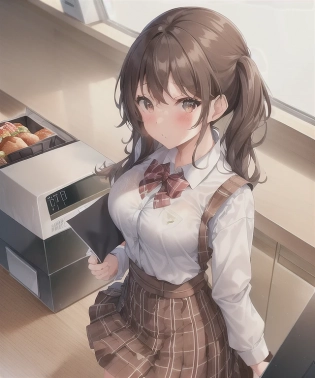 1girl, messy wob, beautiful brown hair, fast food, kitchen, skirt, windows, parking lot, counter, cash register on counter, food menu, wooden pattern on floor, white brick walls, morning, indoors alone in image, view from above, girl takes up image