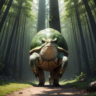 ?Turtle with a spiny shell?Please generate an image?

Features of turtles:
The turtle is big?Its carapace is bright green?
On the surface of the carapace, spikes protrude sharply.?Gives strength and sturdiness to the turtle's appearance?
Turtle Pose:
The turtle is walking slowly?The body of the turtle is slightly lifted?
The turtle's neck is long,?Stretch forward?I look around with curiosity?
Background with:
The turtle is in the green forest?The tree?and grass spreads around?Represent the turtle's natural habitat?
Atmosphere and emotions:
From this image?Convey an atmosphere that makes you feel the turtle's strength and harmony with the natural world?
Color scheme:
With the green shell of a turtle?Enhance the green forest scenery around you?Use natural shades?
Based on this advanced prompt?I hope you can generate an image of a turtle with a spiny shell?