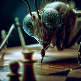 MOSQUITO ON THE TABLE PLAYING CHESS, big green eyes, lots of details, portrait, finely detailed, armor, cinematic
