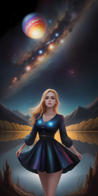 Mulher com asas perto de um lago, pintura, com cajado, vestido vermelho e uma coroa,  voando em cima do lago, starry sky, giant planets in the background with rings.