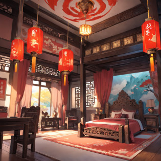 Masterpiece, Best Quality,8K,(Antique interior design) ?anime?Ancient Chinese Princess room?A large room?noble, elegant, and magnificent?bright?Cheerfulness?Antique carved door beams, carved beam paintings, tables and chairs, bonsai, vases, porcelain, trees, flowers, Chinese lighting fixtures, embroidery, screens, beds, cushions, red sand curtains?Art Deco, Romanticism, ray tracing, cinematic lighting, sparkle, panorama