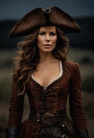 hair, penetrating gaze, furrowed eyebrows, serious look, looking at the viewer, close-up on the woman's face beautiful Kate Beckinsale, wearing antique costume, brown leather tricorne, tricorne on her head, tricorne covering her forehead, pirate tricorne, pirate style outfit, brown leather bodice, dynamic, highly detailed,
long-sleeved shirt, brown long-sleeved shirt, long brown shirt, two belts crossing the girl's torso, bandolier forming an x, red scarf around the neck, bullet belt, red scarf around the neck, leather belt crossed at the waist, dark night , dark night, crescent moon behind the beauty, Kate Beckinsale, crescent moon behind the beautiful girl, cinematic lighting, horror scene. dark night, dark sky, sky with black clouds