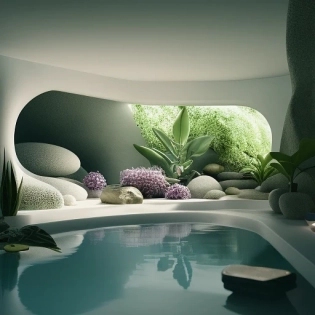 sxnfv style, zen room for meditation with crystals and lots of plants indoor architecture, Peaceful, hyperrealistic, cinematic 8k ultra hd