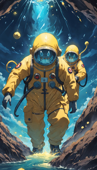 ?A cartoon of 2 men in nuclear protective suits pulling the earth apart???Wear yellow nuclear protective clothing?The costume has the Japanese flag emblem on it?A planet of suffering?aquatic creature?Sewage flows out of huge pipes above?There are nuclear signs on the pipes???Dark blue gradient background?