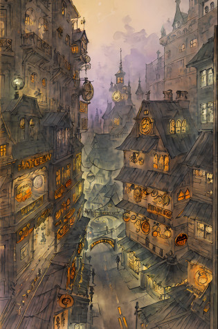 One-person viewpoint?Beautiful futuristic Halloween color shopping street packed with 3D, 2D and steampunk elements?Dreamy views of steampunk tower architecture and magical elements?Vivid HD Animation Halloween Color Shopping Street?Animated landscape concept art?Gorgeous Golden Steampunk Shopping Street?Steampunk Halloween-colored shopping streets and anime-style fantasy artwork