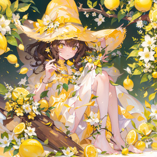 tmasterpiece?Best QualityLemon Witch:: short brown hair:: Lots of Lemon Flowers Detail:: Yellow lemon eyes:: The Yellow Hat of the Witch:: Lots of lemon on the hat:: a lot of white flowers on the hat:: Yellow-green dress :: The embodiment of lemon and white flowers::