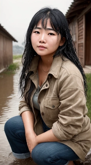 epic realistic, beautiful north korean woman, on her knees crying, stunning face, (expressive and deep [symmetrical eyes]), tearful and grieving expression, (short unkempt wet [natural black] hair), beautiful background , ultra clarity , super realism , 8k, (natural skin texture, hyperrealism, soft light, sharp:1. 2), (intricate details:1. 12), hdr, (intricate details, hyperdetailed:1. 15), (dark shot:1. 22), neutral colors, (hdr:1. 4), (muted colors:1. 4), (intricate), (artstation:1. 2), hyperdetailed, dramatic, intricate details, action cinematic, detailed, tatty torn clothing sitting on the floor of a rural village sidewalk in the rain, close up