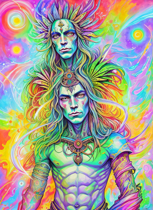 pintura de um quadro colorido de um homem com uma espada e uma mulher, psychedelic organic cyborg, psychedelic organic shaman, galactic deity, shamanic poster lsd art, shamanic horror lsd art, psychedelic shaman, shamanic DMT horror art, psychedelic cosmic horror, psychedelic illustration, epic shamanic dmt art, Entidade DMT ; Arte LSD, samurai neon