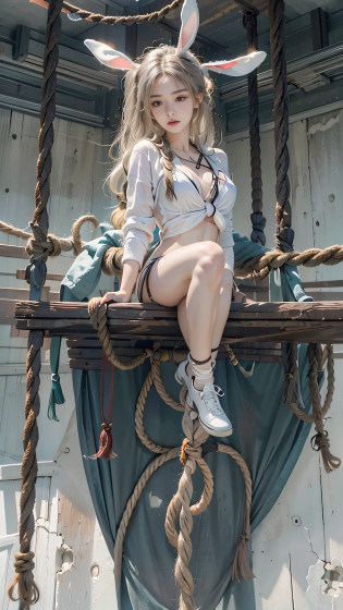 Super beautiful glowing eyes?Girl hanging from the ceiling with her arms tied by a rough rope?perspiring?Ropes tied her body?a wet body?Rough rope that cuts into the crotch?A large amount of fluid flows out of the crotch?Torn bra?Wet white underwear?One leg is suspended above with a rough rope?tied up with ropes?Strongly tied up?Hands tied?legs hanging in shackles
(8K, Raw photography, Top image quality, ?masterpiece: 1.4), The ultra -The high-definition, (realisitic, Photorealsitic: 1.48), Photorealistic, High resolution, 1womanl, Solo, hips up high, look at viewr, (Detailed face), Long hair, Bunny suit, The tattoo, Jewelry