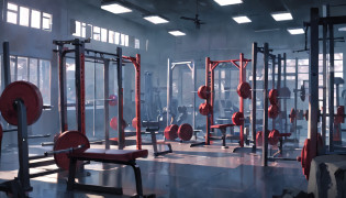 There is a gym with a barbell and a bench, Local gym, Dirty Gym, Dim dirty gym, Background to the gym, in the gym, Cottagecore!! fitness body, photo taken in 2 0 2 0, working out, photo taken from far away, circlet, Intermediate transformation, by Petr Brandl, Gym, Anime style!!! NOhumans!!! basement, Darkness, mud, The atmosphere of the basement