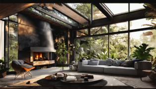 Modern mid-century living room dimly lit with dark, rainy night outside, (noite chuvosa e nebulosa: 1.2), Pacific Northwest, (strong illumination: 1.4), (dim lighting: 1.2), vegetation, grandes usinas, chuvosa, Monstera, Lots of vegetation, ( Blurry windows:1.2), obra-prima, melhor qualidade, Twilight Hour, (noite:1.4), tarde chuvosa, after sunset,Design moderno da casa preta, jardim verde ao redor da casa, Estrada da frente preta, arquitetura moderna, vidro inteiro, luz solar, litoral