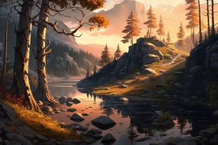insane illustration, a landscape that transmits peace and calm::the background is wooded and colorful::a river in the foreground::fairy tale style