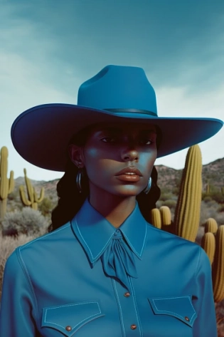 A 35mm photography of a woman wearing a blue dress and a cowboy hat::2. It may have been created by Nathalie Rattner, Tumblr style. The image could be inspired by the music of Rex Orange County and features an exposed back. The color palette used in the artwork is primarily cyan and orange. The style of the portrait may be reminiscent of an Ana de Armas portrait and could have been influenced by artists like Maxwell Boas and Jenny Seville. The location of the portrait is possibly in Texas, under the sun. The image may be in low resolution, but it still captures the summer vibrance of the year 2020. It is possible that the portrait was taken in San Francisco by Lily Frank and features azure and red tones. The aperture used in the photograph was f/2. Analog, photo grain --ar 2:3 --q 2