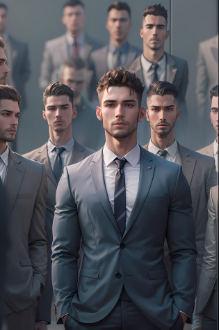 There is a businessman standing in front of a group of men gathered and watching, attractive male, beautiful symmetrical faces, attractive male, male model, human/tank hybrid, accurate symmetrical human features, Man stands out in the picture, multiple faces, face Hybrid Realistic Body and Body, The Perfect Human Male Specimen, Handsome Man, No Distortion on Subject Faces, Handsome Male