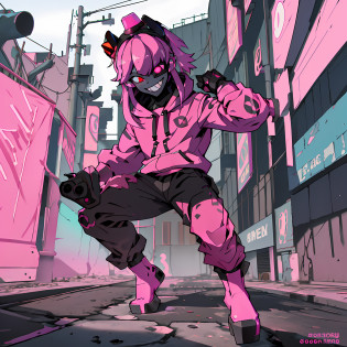 cartoon image of a man with a pink hoodie with horns, pink cap, artstyle anime, [[[Grinning evily]]]], Weirdcore voidpunk fursona, Unknown Artstyle, Bladee from Drain Gang, darksynth character portrait, crazy smile, ((Zerator)), nefarious smile, single character, full body