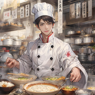 Young handsome male chef with a bowl of delicious tofu pudding, In front of him was a banknote worth 666 yuan. Tofu pudding was fresh, tender, And tempting, Served with smooth white tofu and rich flavored ingredients?Visually appealing and delicious.,in the style of the stars art group xing xing, 32K, Best quality, Masterpiece, Super detail, High details