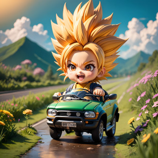 rains?Clouds?sunrays?highway?Little boy driving a convertible?son goku?SuperSaiyan?big laughter?Spiked hairstyle?Flowers?yama?kali?The bird?Rich colors?The Masterpiece?chibi?full body
