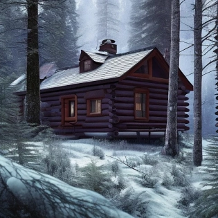 canadian style cabin on top of a snow mountain overgrown, hyper realistic, forest, 8 k, denoised, by gregory crewdson, cinematic lighting
