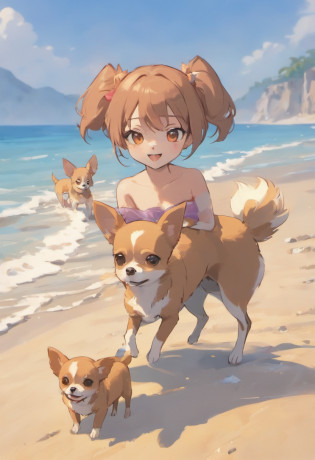 Chihuahua femelle brune avec trois chiots jouant sur une plage