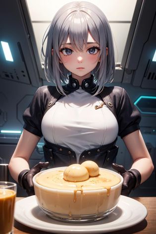 (masterpiece), best quality, high resolution, highly detailed, detailed background, perfect lighting, lens flare, (sci-fi:1.2), 1girl, silver hair, medium hair, custard pudding with cream,