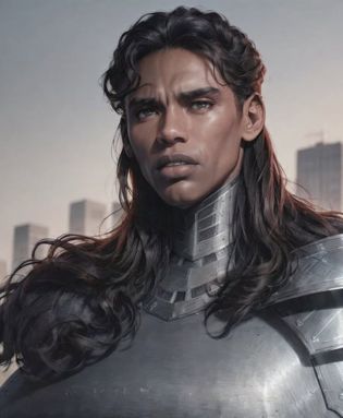 photo of black man, cityscape background ,  beautiful, masterpiece, best quality, brutal manface, wide heavy jaw, massive jaw, sharp features, long wide chin, thin masculine lips, gray eyes, shoulder pad armor, red hair , long haircut <lora:hipoly3DModelLora:0.1> <lora:samdoesartsSamYang_offsetRightFilesize:0.8> <lora:PrettyBoy:0.8> sam yang, Pretty Boy