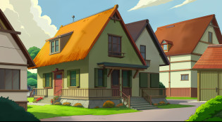 Anime style house?Red roof and green shutters, style of madhouse studio anime, fundo de casa, maison ikkoku, style of madhouse anime, Anime background art, drawn in anime painter studio, ghibli studio anime style, made with anime painter studio, one house, Stuido Ghibli, style in ghibli anime style, In Studio Ghibli style, In Studio Ghibli style