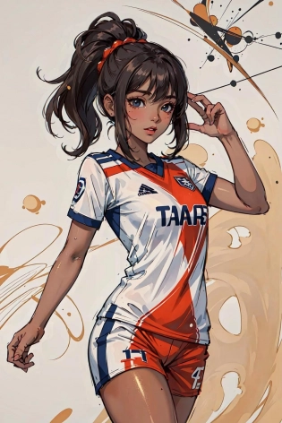 ((masterpiece:1. 2, best quality)), ultra detailed, Ultra-precise depiction, Ultra-detailed depiction, (zentangle:1. 2), cowboy shot, (dynamic pose), floaty hair, (abstract background:1. 5), prom hairstyle, (<lora:soccer_uniform:0. 5>, wearing soccer_uniform, 1lady, (tan, shiny skin), many colors