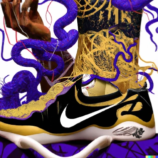 a stunning interpretation of nike Kobe basketball shoes, advertisement, highly detailed and intricate, hypermaximalist, James jean, Brian froud, ross tran --ar 4:5 --q 2 laker colors, snakes in backround�