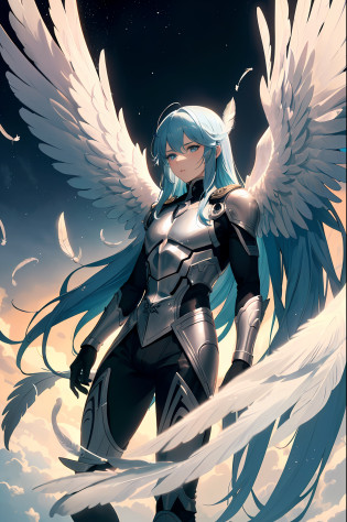 (((1man, male body, grown man, archangel))), (long hair, light blue hair, blue eyes, black tattoos, big wings), (((black-white wings, three pairs of wings, many feathers, swirling feathers))), (((breeches))), (((stay on his knees))), (sky and stars in the background), mysticism, magic, wallpaper, landscape, (masterpiece, depth of field, dramatic light, ultra detailed, best shadow), (beautiful detailed face), ((cinematic light))