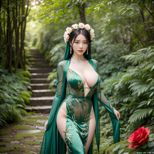 Asian woman in moss green haute couture dress poses for photo shoot, Pose in a moss green haute couture dress, Silk Dresses,silk,Embroidery of large roses,Colossal tits,??,Colossal tits,Engaging pose, Hot with shining sun, Sexy Girl, Korean Girl, beautiful Korean women, Gorgeous young Korean woman, Realistic Young Gravure Idol,