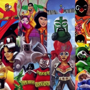 create an image of mexican superheroes the members will be: "el chapulin colorado", "lola la trailera", "el santo el enmascarado de plata", "kaliman", "el pantera", "odyssey bubbles", "el ecoloco" , "fantomas the elegant threat", "Xavier Lopez Chabelo", "Cepillin", starman the libertarian, "Chanoc", Blue demon, "Aguila Solitaria", all of them together as a team and with an epic pose, the image must be hyper-realistic and in a background of a destroyed city in the background you must see the angel of independence in Mexico, the image must be seen in 4k