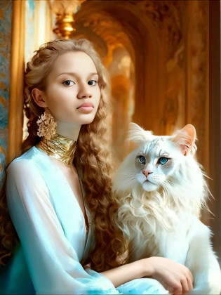 Araffe com cabelos longos e olhos azuis sentado ao lado de um gato branco, beautiful animal pearl queen, Branco ( Gato ) garota, gatinha jovem bonita, muito bonita gatinha fofa, menina do gato branco, gato elegante, human cat hybrid, Woman / cat hybrid, menina gato atraente, com um branco, mulher linda, Directed by: Nina Petrovna Valetova