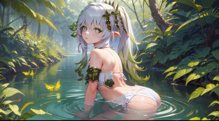 Nahida Genshin Impact, Iwhole body, (NSTDA.:1.2), (10, beste-Qualit, master-piece: 1.4), ultra-high resolution, (realistic, photorealistic: 1.48), Cute Girl 25 years old , ( Beetle Micro see-through bikini:1.11), famous Japanese actress, blue eyes, head tilted, cowboy shot, from the side, looking at viewer, emotionless, beautiful river in the forest, Zeiss 150mm F/ 2.8 Hasselblad, whole body, feet, ultra wide angle