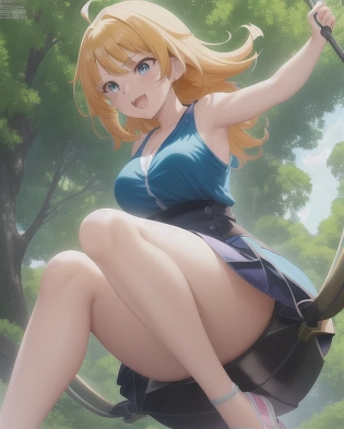 An excited beautiful 14 year old girl swinging from a tire swing. The painting is anime, professionally color graded, 8k HDR, vivid, bright, anime faces, hyper resolution, depth of field, and created by Artgerm, Greg Rutowski, and Alphonse Mucha with volumetric lighting. The painting has very bright colors and uses anime faces.