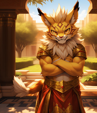KID, nj5furry, ( Leomon, kid, child, adorable), Leomon, ((extremely realistic shadows, masterpiece, extremely detailed, photorealistic)), LITTLE KID. nj5furry, (6 year old)), ((full body)) male, kemono kid, graceful, childlike physique, royal kid, 6 years old, relaxed posture, friendly expression, kind, cute and detailed, tender, image of the same cuteness, shirtless, ornate fabric white skirt, long hair elegantly combed back, red nose, gold eyes, Arabian-style palace behind him with a beautiful garden.