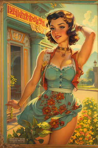 (isabelmoner-smf, dora: 0.9), (ussr: 1.2), Romantic promenade, Evening sunset, Soviet satirical poster , in the style of Pin Up, higly detailed, Complicated details, Gil Elvgren's style, Artgerm and Gil Elvgren,Colorful pin-up art, Gill Elvgren, (realist in the style of David Barnett � Newton Hellmuth � Yuriy Arkurs ), vintage, 50 mm