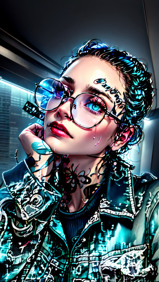 there is a woman with a tattoo on her neck and glasses, girl with glasses, with facial tattoo, girl wearing round glasses, with glasses, inked, with tattoos, tattoos and piercings, high quality portrait, tattooed face, wearing small round glasses, thick glasses, facial tattoos, profile image, tattooed, ? girl portrait, with square glasses, !!wearing modern glasses!!, ((detailed face)), ((detailed facial features)), (finely detailed skin), pale skin, (the megacity cyberpunk environment, neon lights, skyscrapers), ((in a dark hallway)), soft natural light, wet skin, cyberpunk megacity environment, (cool colors), damp, reflections, (masterpiece) (perfect aspect ratio), (realistic photo), (best quality), (detailed) photographed on a Canon EOS R5, 50mm lens, F/2.8, HDR, (8k) (wallpaper) (cinematic lighting) (dramatic lighting) (sharp focus) (intricate), RAW photo, RAW photo, gigachad photo, posing for camera, black jeans, arms behind, 8k uhd, dslr, high quality, film grain, Fujifilm XT3, extremely detailed, photorealistic, realistic, incredibly absurd, highly detailed, sharp focus, (Professional Studio Lighting), (Professional Color Grading), Edge Lighting, Dramatic lighting, Cinematic lighting, Lumen reflections, Soft natural lighting, Soft color, Photon mapping, Radiosity, (Beautiful eyes), (Detailed eyes), (Detailed face), symmetrical eyes, sharp eyes, cold face, full body), (HIGH LEVEL OF DETAIL),(wet, oil-lubricated), colorful, lights, colorfull lights