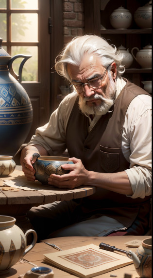 Artistic Image:
Type of Image: Mixed Media Collage
Subject Description: Immerse yourself in the world of Persian Pottery as we observe an old Persian man seated behind a workshop table, dedicated to the craft of creating clay vessels. The man's face shows the wisdom and experience that comes with years of honing his artistic skills. The workshop is filled with fragments of broken pottery, strewn around him, telling stories of countless creations. The ambiance is dim, with the warm glow of sunlight streaming through the windows, casting a mesmerizing play of light and shadow. The scene radiates a serene and contemplative atmosphere as the old man carefully molds the clay, his hands guided by a lifetime of knowledge. Each vessel he creates showcases the artistry and cultural heritage of Persian pottery.

Art Styles: Persian-inspired, Mixed Media Collage
Art Inspirations: The mixed media collages of Lalla Essaydi, the intricate designs of Persian pottery, and the traditional craftsmanship of Persian artisans.
Camera: Long shot
Camera Lens: 70mm