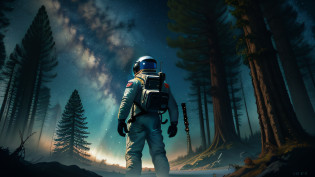 man in astronaut suit facing the observer, unusual forest, strange surreal planet, multicolor sky, digital painting, hyper realistic, cinematic shot, 4k, 8k, 128k
