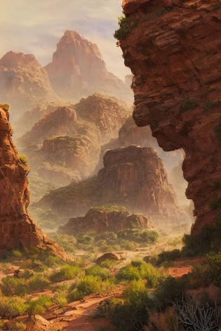 beautiful utah desert, rock arcs, lush vegetation, landscape, alex ross, eddie mendoza, raphael lacoste, sebastian ludke, concept art, matte painting, highly detailed, rule of thirds, dynamic lighting, cinematic, detailed, magnificiant landscape, denoised, centerd
