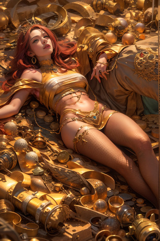 hyper realistic, ultra detailed photograph of a beautiful exotic woman lying on a mountain of gold,  depth of field, HOF, hall of fame, apocalyptic environment, natural body posture, professional photographer, captured with professional DSLR camera, trending on Artstation, 64k, ultra detailed, ultra accurate detailed, bokeh lighting, surrealism, Thomas Kinkade background, urban, ultra unreal engine, ((Pauline Vo�)), ((Pascal Quidault)), ((Anna Helme)), Martina Fackova, intricate, epic, freckles, peach fuzz, detailed mascara
