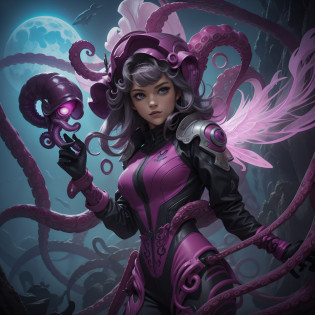 cephalopod, (cephalopod), magenta tentacles, magenta jumpsuit, grey-blue feathery wings, dark grey and magenta helm, angel of death, masterpiece, Best Quality