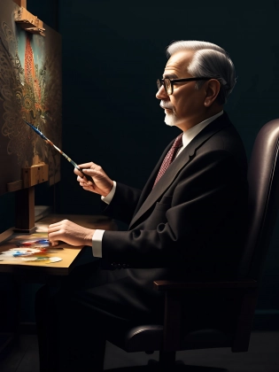 oldman in chair, complex stuff around, intricate in the background, art, close up, painting, detailed, cartoon, cinematic shot, fantasy, low saturation, vignette, [hdr] withLora(lowra_v10, 0. 75)