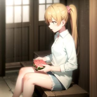 <lora:kirei_shinobi_v1(outall_resize-sv5):1> kirei_olis, 1girl, solo, long hair, blonde hair, side ponytail, green eyes, orange scrunchie, white shirt, blue shorts, sitting, looking down
BREAK
watermelon, fruit
BREAK
sliding doors, veranda