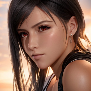 highly detailed photo of Tifa Lockhart posing, final fantasy 7 remake, red eyes, intricate, highres, 8k, detailed hair, detailed skin, masterpiece, very long hair,  award-winning photography, sharp focus, dramatic lighting, unreal engine 5, full body shot <lora:tifa lockhart:0.5>,